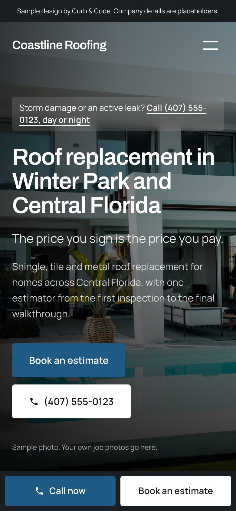 Sample roofing site homepage on a phone, with the call and book buttons pinned to the bottom